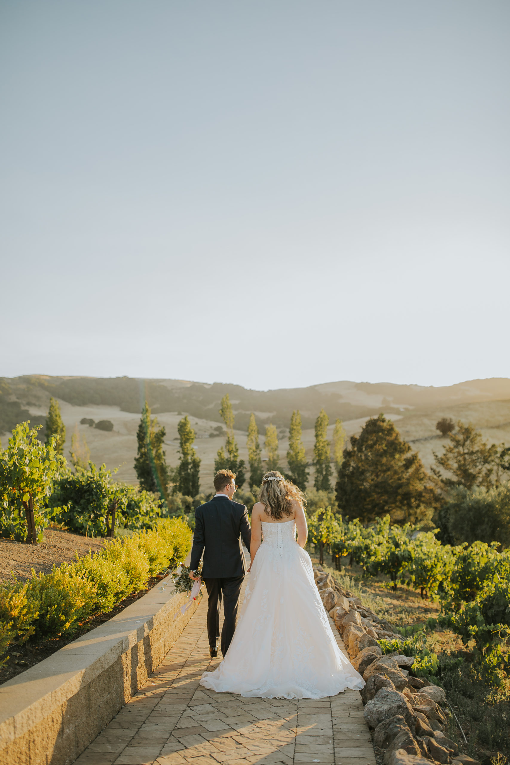 rebecca skidgel photographer sonoma wedding photographer viansa winery vineyards couple holding hands walking smiling